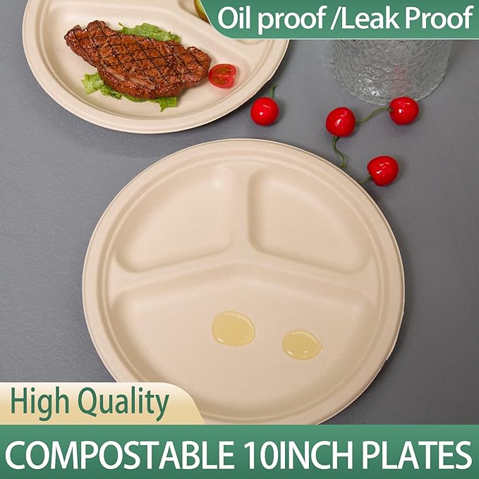 150pack 3 compartment,10inch Disposable Heavy Duty Eco Friendly Round Divided Paper Plates,Compostable Sugarcane Bagasse Sectional Plates disposable For Dinner