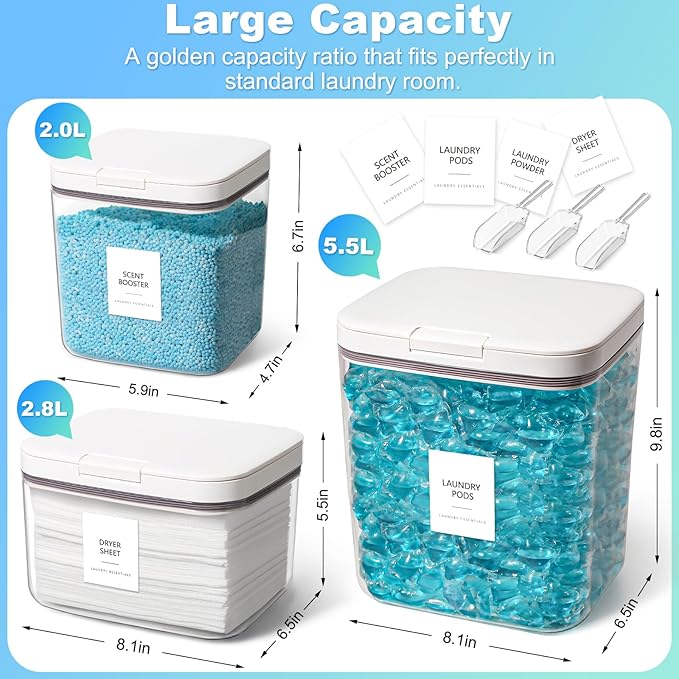 3 Pack Laundry Pods Container, Holder Dispenser for Laundry Room Organization Decor, for Storage, Dishwasher Pods, Scent Booster, Dryer Sheet, 152+94+67fl oz with Lids, Scoops & Labels