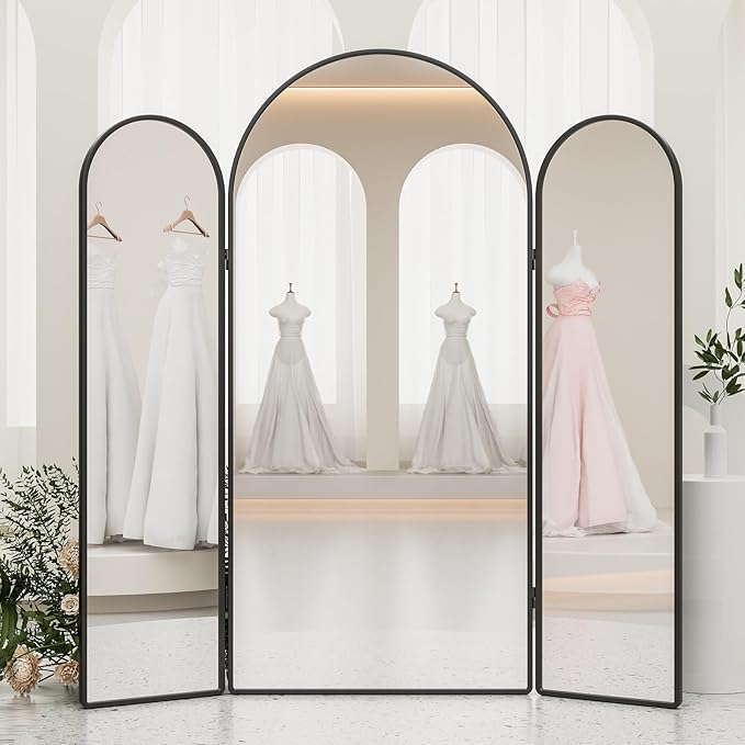 3 Way Arched Full Length Mirror Free Standing, 71"x 67" Large Modern Trifold Mirror, 3-in-1 Detachable Panel Tempered Glass & Metal Frame, for Dressing Room, Bridal Shop, Clothing Store (Black)