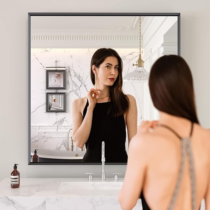 LOAAO Black Bathroom Mirror 32"X32" for Wall, Rectangle Bathroom Vanity Mirror, Tempered Glass, Hangs Vertically or Horizontally, Easy to Install, Modern Design