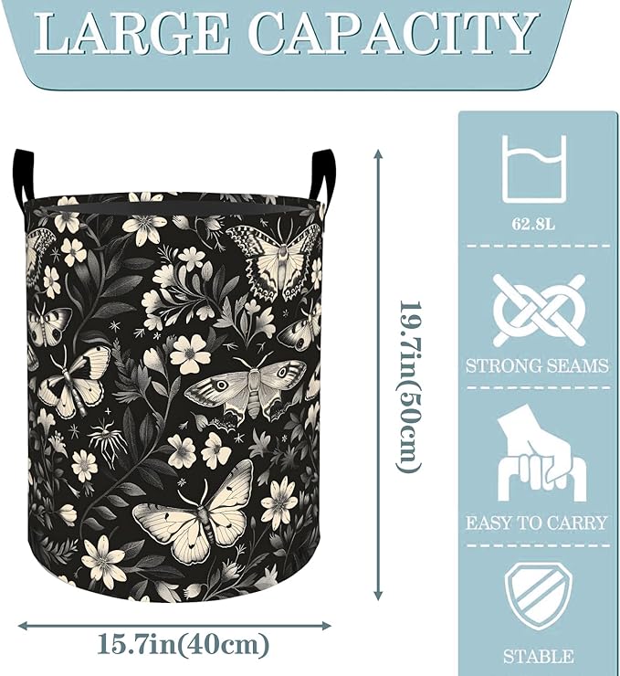 Vintage Butterfly Moth Floral Laundry Basket, Dirty Collapsible Clothes Toy Organizer Hamper for Kids Adults, Oxford Cloth Waterproof Storage Bin for Room Bathroom Home Decor Gifts, 19.7"X15.7"