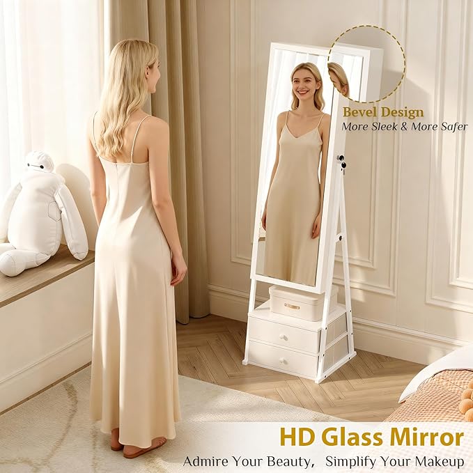 Bonnlo LED Jewelry Cabinet Armoire, Lockable Standing Mirror with Jewelry Storage, Full Length Mirror with 2 Drawers, Large Capacity Jewelry Organizer for Women, Gift Idea, Christmas Gifts,White