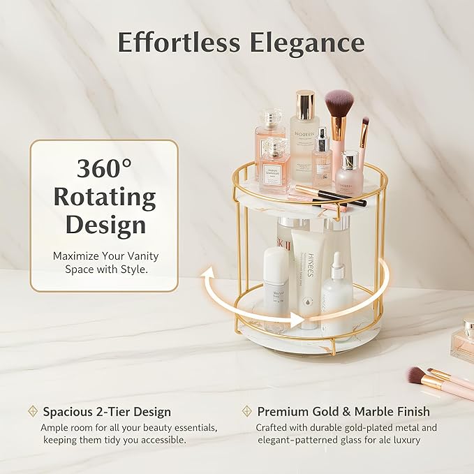 360° Rotating Makeup Organizer Countertop, 2-Tier Golden Vanity Organizer with Glass Shelves, Spinning Cosmetic Display Case for Bathroom & Bedroom, Tall Storage for Large Bottles