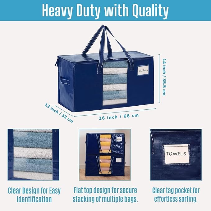 VENO 2 Pack Moving Bags, Christmas Storage Bins, Moving Boxes Alternative, Comforter and Blanket Storage Bags, College Dorm Packing Supplies, Foldable Heavy-Duty Tote with Window (Blue, 2 Pack)