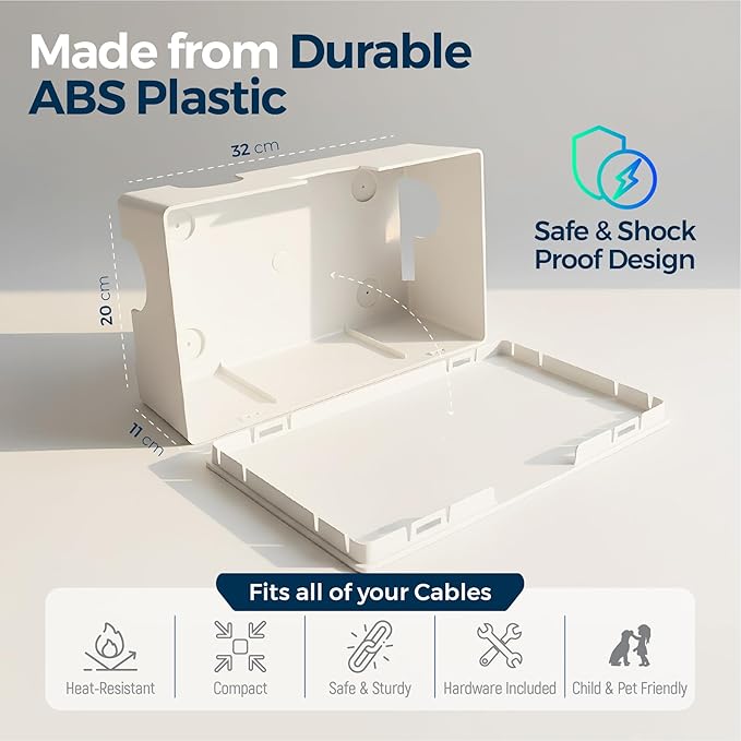 Cable Management Box with Included Mounting Hardware – ABS Cord Organizer (12,7 x 7,8 x 4,5 in) | Heat-Tolerant Power Strip & Cable Storage | Wall-Mountable or Floor Use