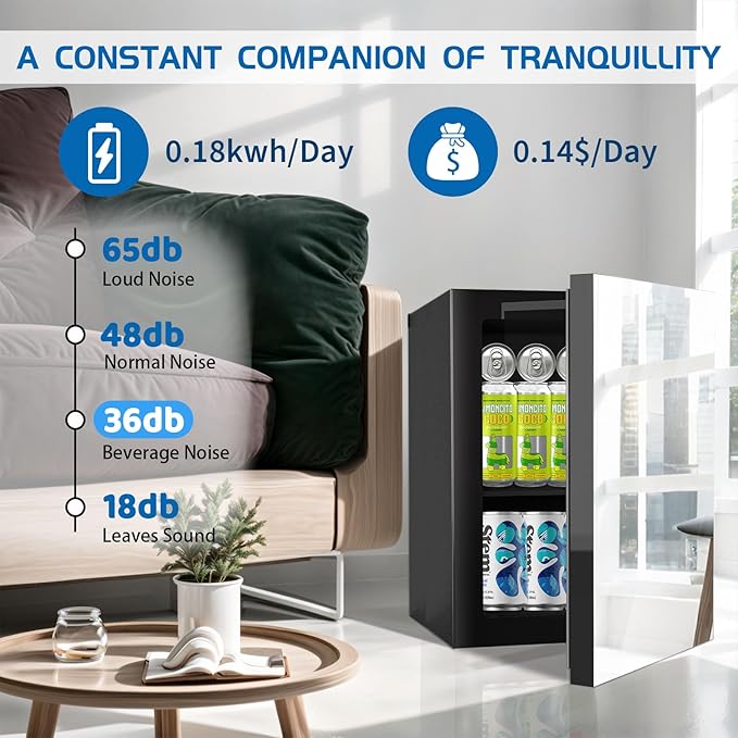 24 Cans/0.9 Cubic Feet Beverage Refrigerator Cooler and Skincare Mini Fridge with Mirrored Front Door & Temperature Control, Countertop Small Fridge for Soda, Beer and Cosmetics, Skincare