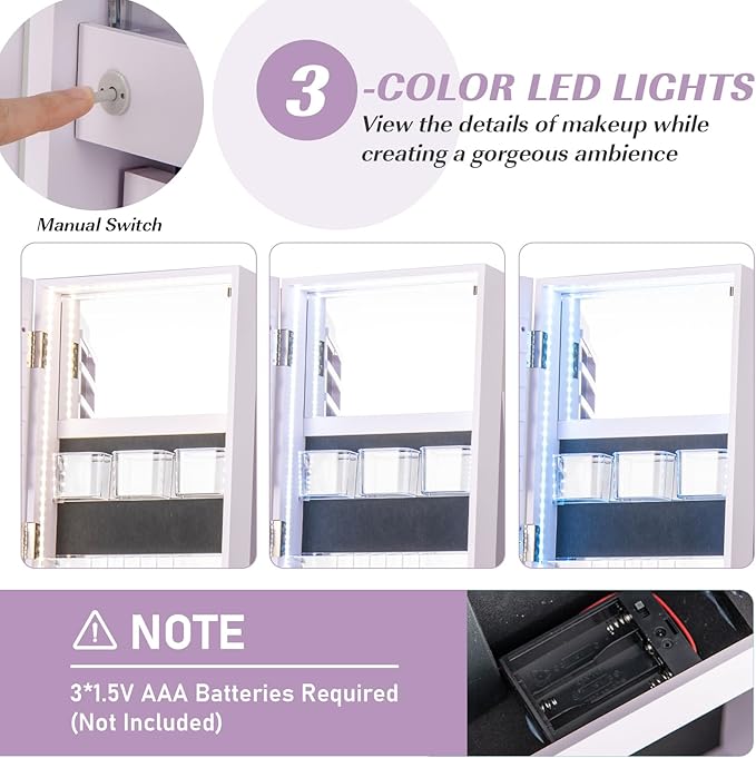 Mirror Jewelry Cabinet Standing with Full Length Mirror, 360° Swivel Jewelry Armoire with 3-Color LED Lights & Foldable Makeup Shelf, Lockable Organizer for Women, Space-Saving (Lavender)