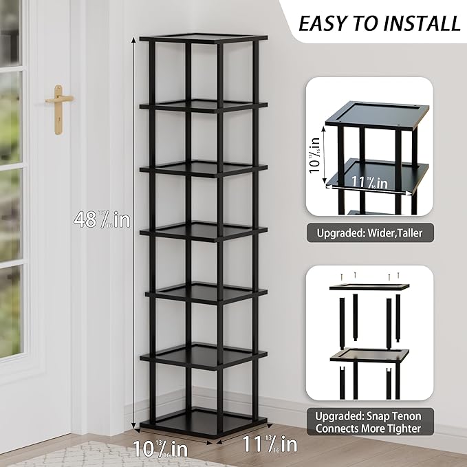 Vertical Tall Shoe Rack Organizer for Entryway -7 Tier Free Standing Slim Narrow Bamboo Wood Corner Stackable Shoe Boots Storage Stand Small Spaces for Closet Garage Cloakroom Living Room (Black)