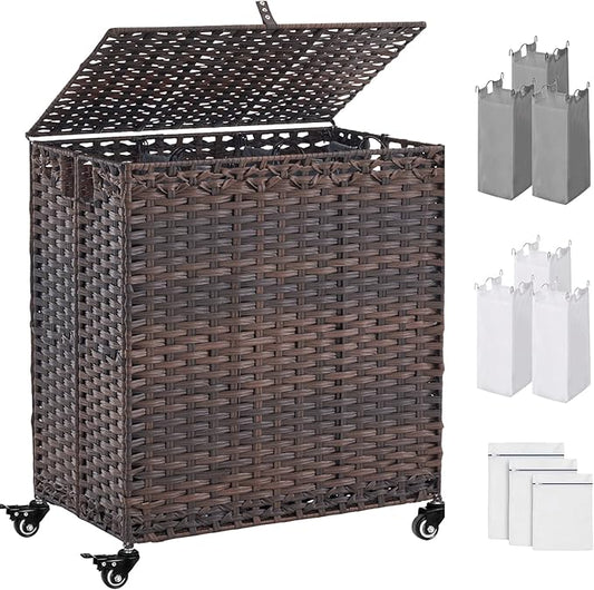 Laundry Hamper with Wheels&Lid, 50.2 Gallons(190L) Rolling Laundry Basket with Wheels, 3-Section Laundry Hamper, Handwoven Rattan Clothes Hamper with 6 Removable Liner& 3 Mesh Laundry Bags, Brown
