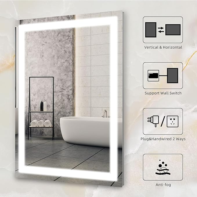 LED Bathroom Mirror 24"x32" Single Color 6000K,Super Bright,LED Mirror for Bathroom Lighted for Wall-Mounted Vanity Mirror with Front Light Anti-Fog,Shatterproof,Non-Touchscreen Switch
