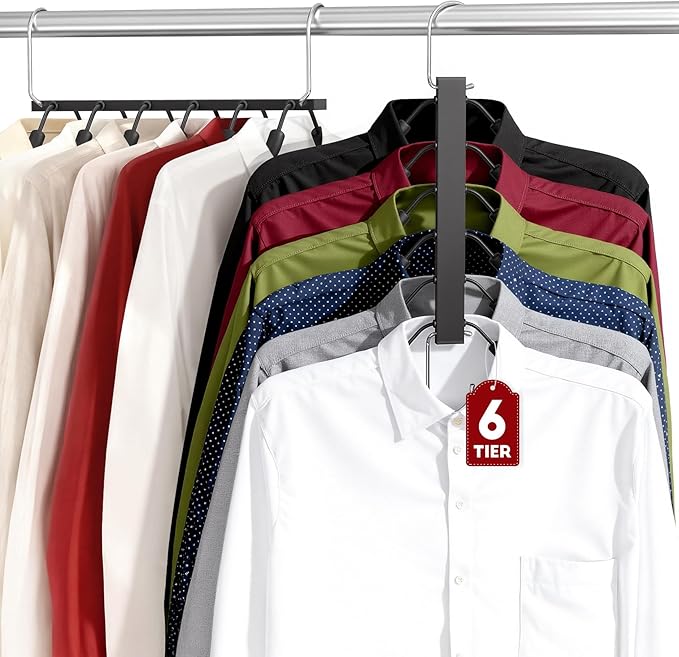 Clothes Hangers Space Saving 6 Tier Coat Hangers, Swing Arm Non Slip Padded Multi Sweater & T Shirt Hangers, 2 Packs Heavy Duty Stainless Steel Sweater Closet Organizers and Storage