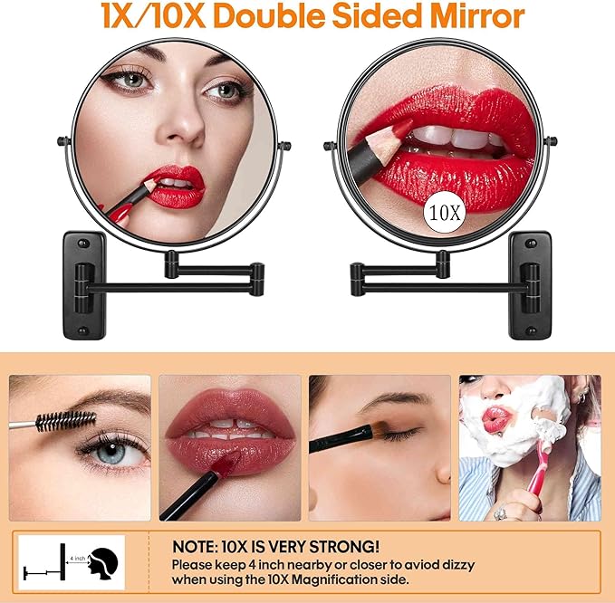 Large Size 9-in Wall Mounted Magnifying Makeup Mirror 1X/10X Magnification,Extendable Bathroom Mirrors Wall Mount Vanity Mirror for Shaving,12-in Folding Arm,Flexible Adjustable,Space-Saving,No Light