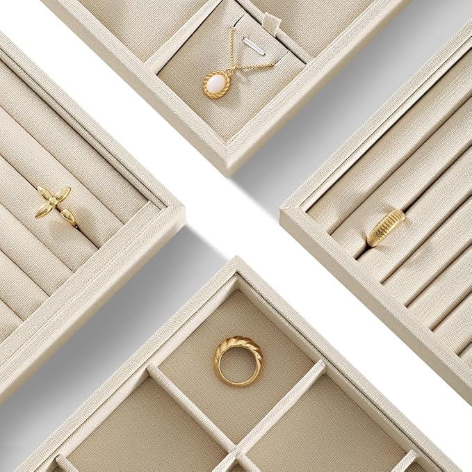 Linen 24 Grid Stackable Rings Earrings Display Tray, Brooch Ear Stud Cufflinks StorageTray, Jeweler Shop Counter Showcase Table Top Organizers, Makeup Table Drawer Insert Jewelry Tray