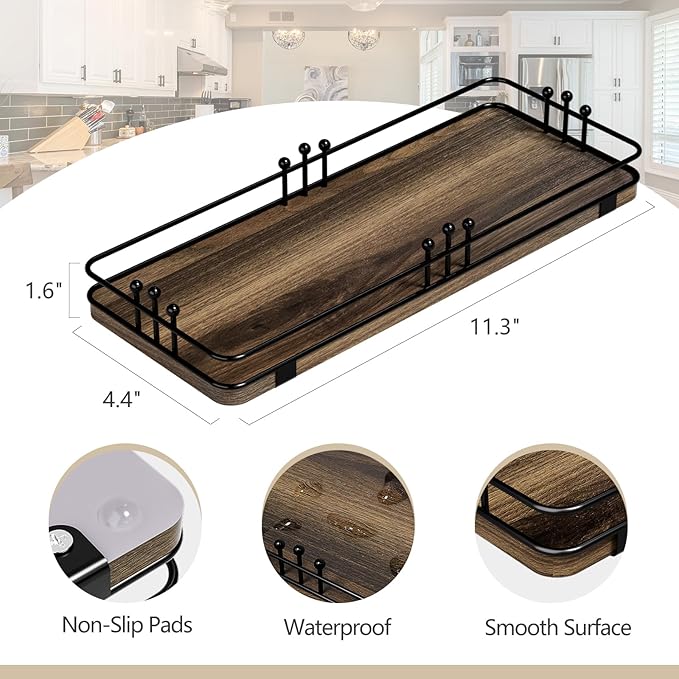 Bathroom Vanity Tray for Countertop Toiletries Perfume Makeup Soap Dispenser Toilet Tank, Kitchen Tray for Salt Spice, Decor Tray for Candle Nightstand Coffee 11.3”x 4.4” Brown-Black