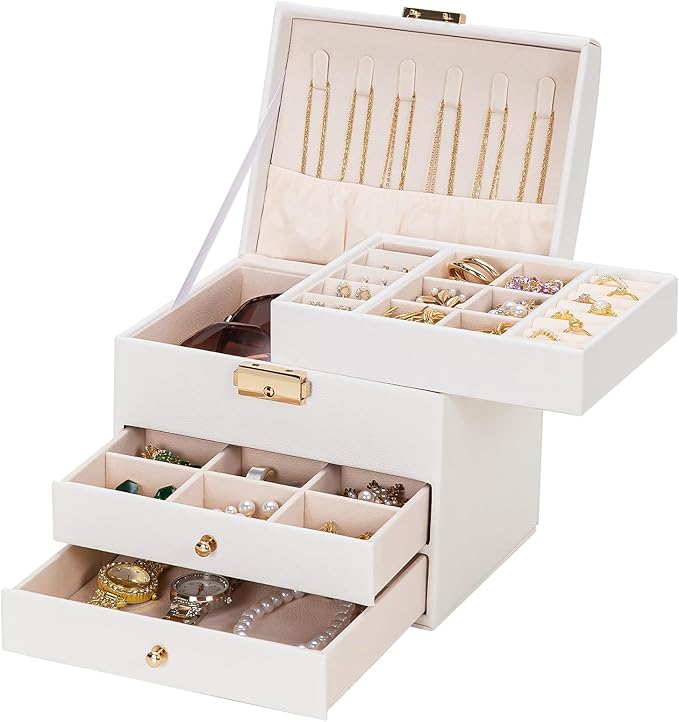 Homde Women Jewelry Box with Lock: 3 Layers Modern Organizer - White Storage for Ring Necklace Earring - Birthday Christmas Gifts for Girls