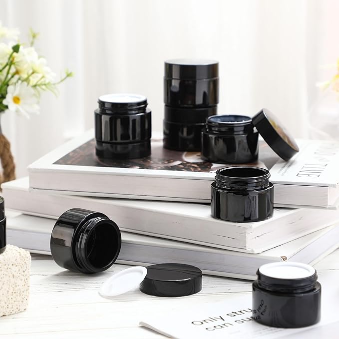 Domensi 60 Pcs 1oz Glass Jars with Lids Bulk Salve Tins Winter Cream Container Small Glass Candle Cosmetic Jars for Travel Lip Balm with Inner Liners for Lotion Sample Cream(Black,Black Lid)