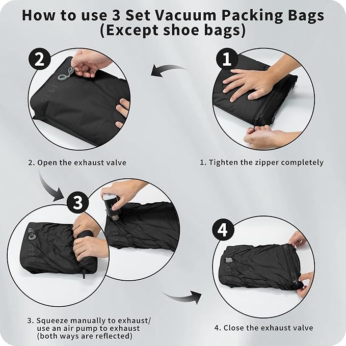 Eulant 4 Set Vacuum Packing Bags for Travel With Pump,Professional IPX8 Zip Packing Organizer for Suitcases Backpack,Space Saver Bags Packing Organizers for Clothing Packing(4 Set,Black)