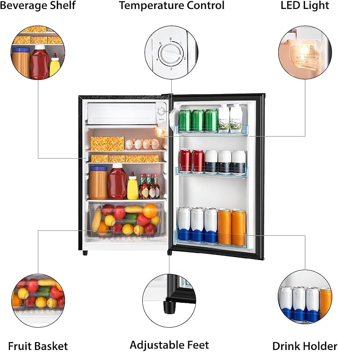 4.4 Cu.Ft Mini Fridge with Freezer, Single Door Mini Refrigerator, 5 Settings Temperature Adjustable, Compact Refrigerator for Apartment,Dorm, Office, Bedroom