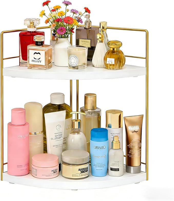Bathroom Countertop Organizer, 2 Tier Wood Bathroom Counter Organizer, Vanity Organizers Corner Shelf for Makeup, Perfume, Skincare,Bedroom and Kitchen Storage (2 Tier,White and Gold)