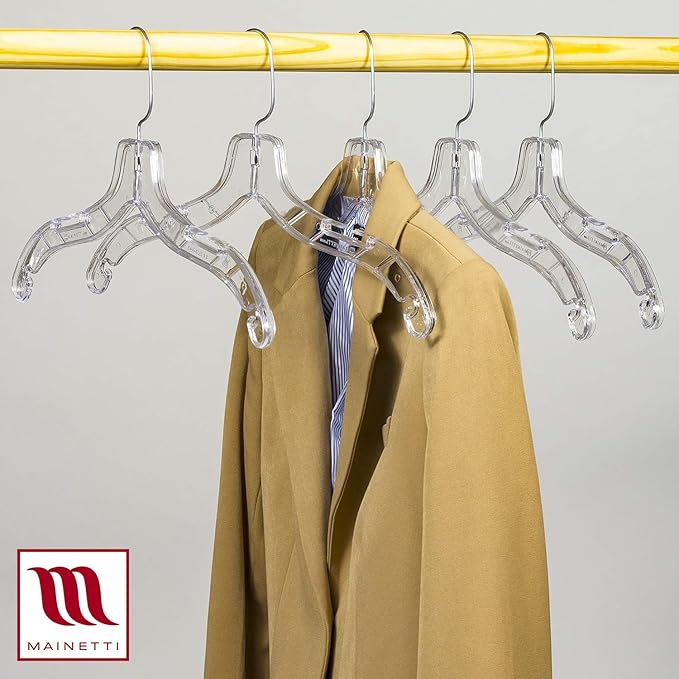 Mainetti Clear Plastic Clothes Hangers 50 Pack | 17-Inch Space Saving Hangers with 360 Swivel Metal Hook & Notches for Straps | Closet Hangers Ideal for Shirts, Tops, Dresses and Jackets (5400SCR50)