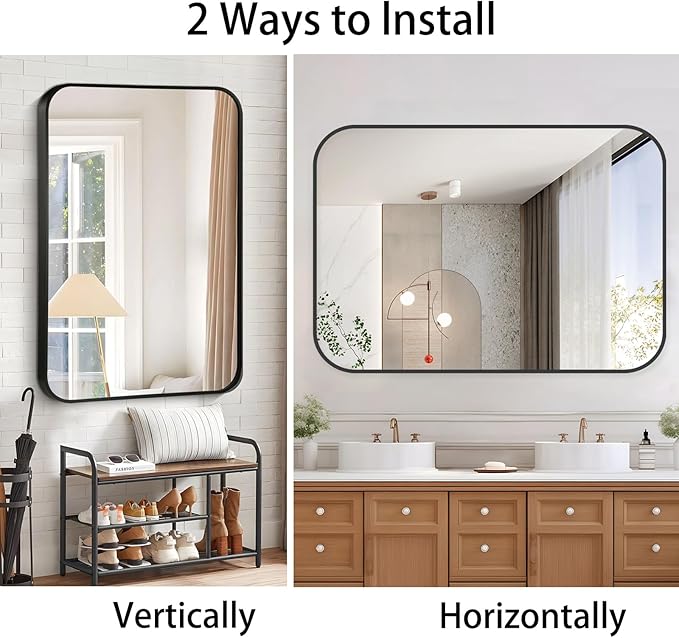 24x32 Inch Black Wall Mirror for Bathroom, Brushed Metal Framed Mirror with Rounded Corner, Rectangle Bathroom Vanity Mirror for Bedroom or Living Room, Horizontal/Vertical