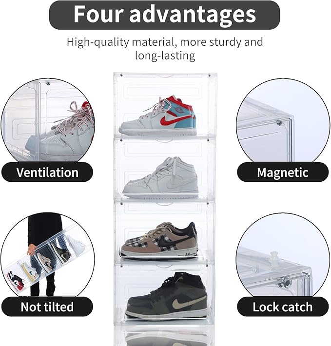 6 Pack XL Shoe Storage Box Organizer,Drop Side Large Shoe Boxes Clear Plastic Stackable Container,Magnetic Sneaker Display Case, Fit up to US 13（13.4”x 10.6”x 8.3”(6 Pack Clear)