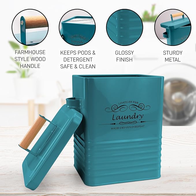 ELITAPRO Detergent Storage Container with Scoop & Lid- Modern Farmhouse Metal Powder Dispenser for Laundry Room Decor and Accessories (Teal)