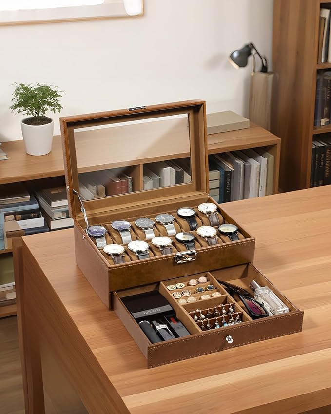 Uten 12-Slot Watch Box, 2-Layers PU Leather Watch Case with Glass Lid, Watch Holder Organizer with Soft Pillow and Velvet Lining, Watch and Jewelry Storage Box, Brown