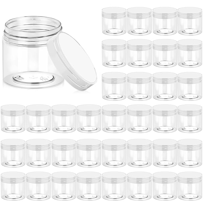 Eternal Moment 36 Pack 6 OZ Plastic Jars Round Clear Cosmetic Container Jars with Clear Lids, Perfect for Lotion, Slime，Cream, Ointments, Makeup, Eye Shadow, Samples, Pot, Travel Storage