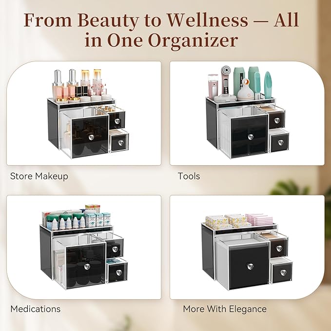 Multifunctional Face Towel Holder with 3 Drawers – Tempered Glass Cotton Pad & Swab Organizer – Disposable Face Towel Holder for Bathroom Vanity