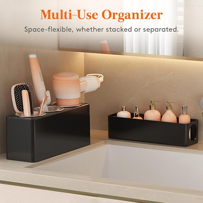 Lifewit Hair Tool Organizer Countertop, Removable Blow Dryer Holder for Bathroom, Acrylic Hot Tools Organizer Storage for Curling Iron, Brush, Straightener, 3 Stainless Cups, Black, 30 cm/12 inch(L)