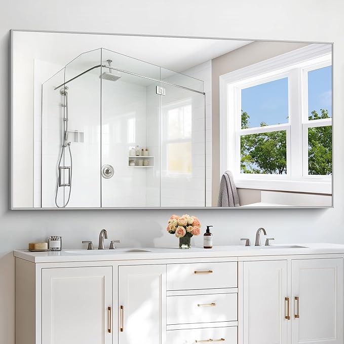 30x72inch Bathroom Mirror, Silver Rectangle Mirror with Thin Metal Frame, Large Rectangular Wall Mirror for Bathroom, Living Roomm, Hair Salon, Big Farmehouse Mirrors Hang Horizontal/Vertical