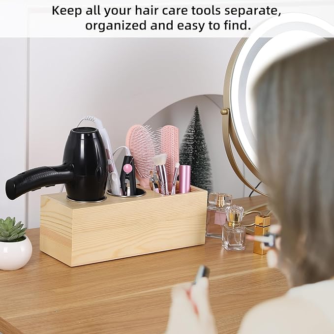 Hair Dryer Countertop Holder, Hair Tool Organizer Wall Mount, Blow Dryer Holder Organizer, Bathroom Countertop Blow Dryer Holder and Curling Iron Holder (Cedar Wood, Log color)
