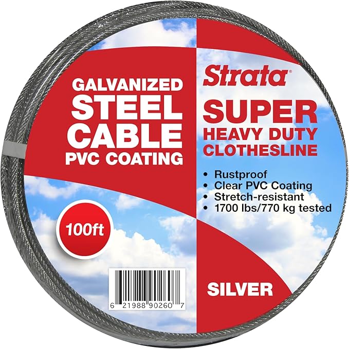 Strata 100 Feet Clothesline Outdoor Heavy Duty Galvanized Wire Steel Cable, Silver PVC Coating - Clothes Line Wires for Outside Laundry Drying