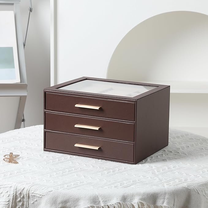 Frebeauty Clear Lid Jewelry Box,3-Layer Jewelry Organizer with Drawer,PU Leather Jewelry Organizers and Storage,Jewelry Boxes for Women,Jewelry Storage for Rings Earring Stud,Gift for Women(Brown)