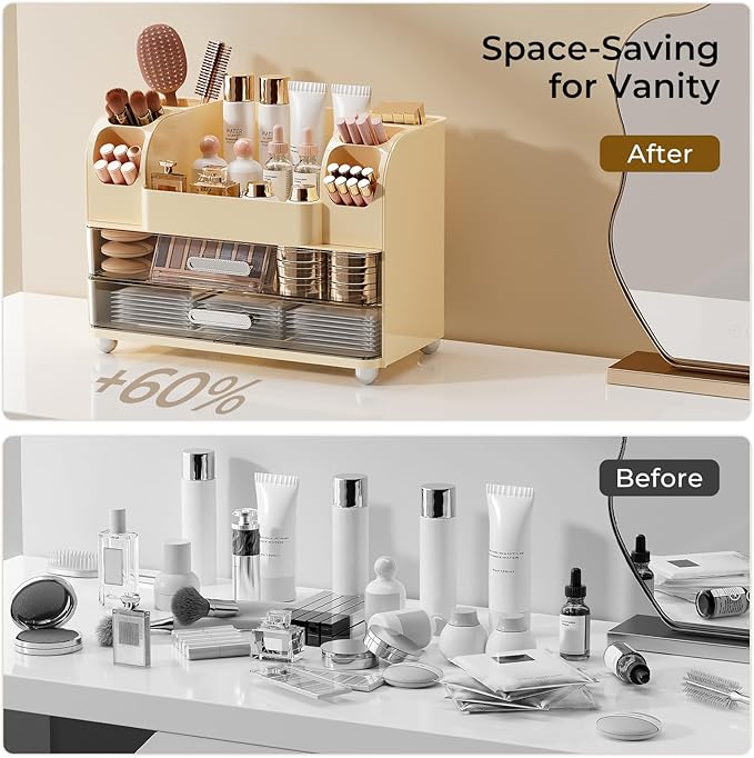 Makeup Organizer for Vanity with 2 Large Drawers, Cosmetic Display Case with Brush Holders, Easy to Storage for Bathroom Countertop Skincare, Desk Office Supplies, Cream White