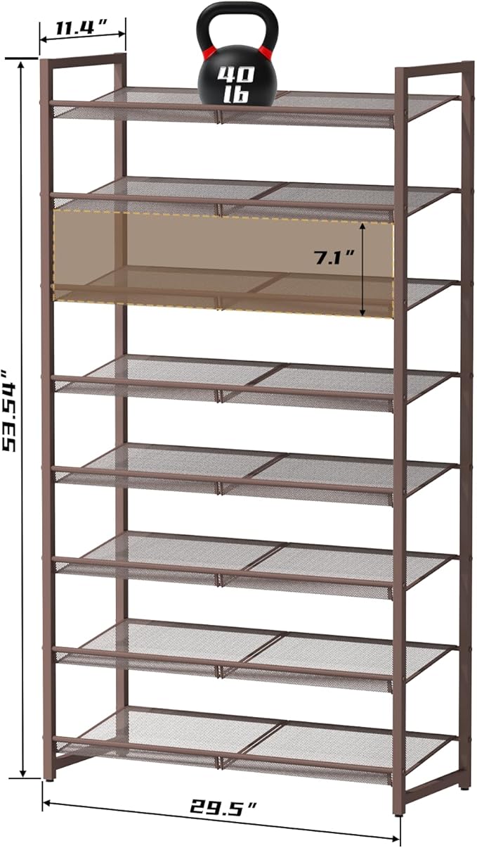 8Tier Metal Tall Shoe Rack,Large Shoe Rack for Closet,entryway,Garage, with Adjustable Flat or Angled Shelves, Hold 32-40 Pairs Shoes ﻿