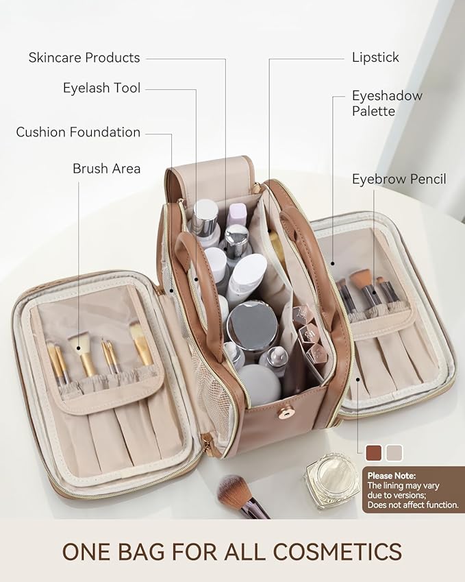 Prite Travel Makeup Bag Women’s Large Capacity Waterproof Cosmetic Organizer Portable Open Flat Toiletry Case with Free-standing Brush Holder and Handle(Brown Large)