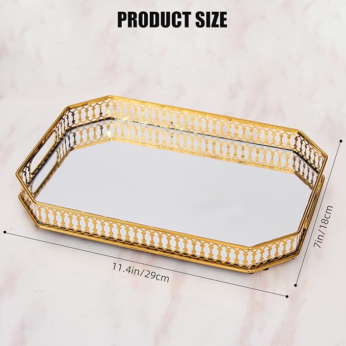 Vintage Gold Mirror Tray, Modern Luxury Perfume Decorative Tray with Hollow Design, Elegant Glass Display Storage Organizer, Rectangle 7.1"x11.4", for Coffee Table, Entryway, Bathroom