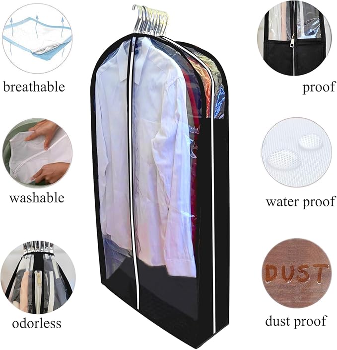 Suit Bags for Closet Storage with 6.3" Gusset, 40" Garment Bags for Hanging Clothes, Clear Side Zipper Suits Dust Proof Covers for Jacket, Coat, Sweater, Shirts, 5 Packs