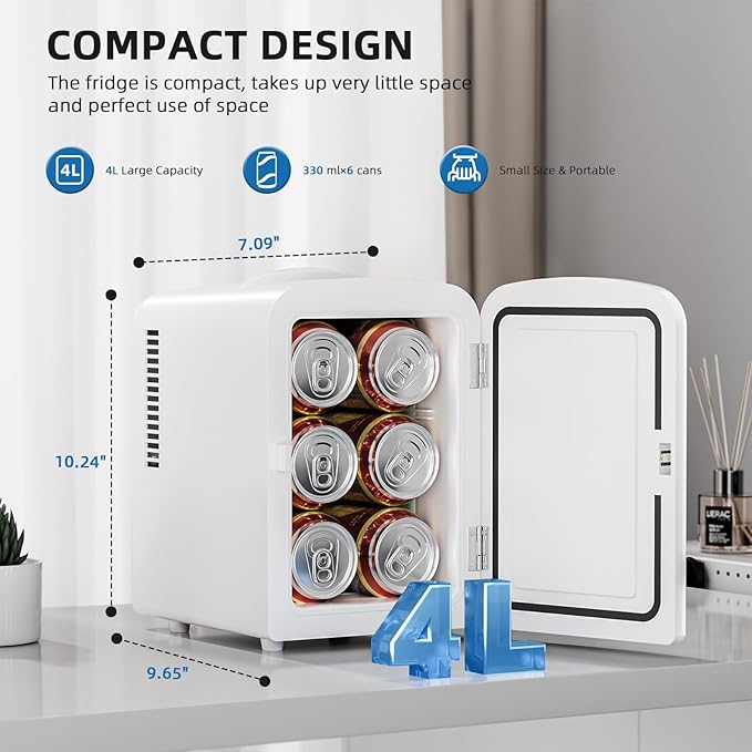Compact Refrigerator, Portable Mini Fridge, Skin Care 4L Capacity/6 Cans, for Bedroom, Car, Office & Dorm, Small Cooler for Cosmetics, Beverage and Food, White