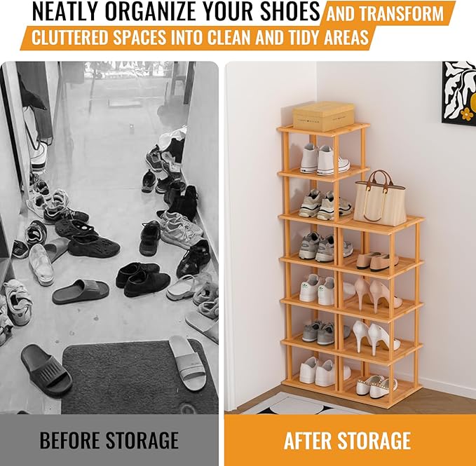 Bamboo Free Standing Shoe Rack Shelf Multi Tier Tall Wooden Stackable Shoes Rack Organizer for Closet Front Door Entrance Narrow Vertical Shoe Storage (Nature, 12 Tiers)