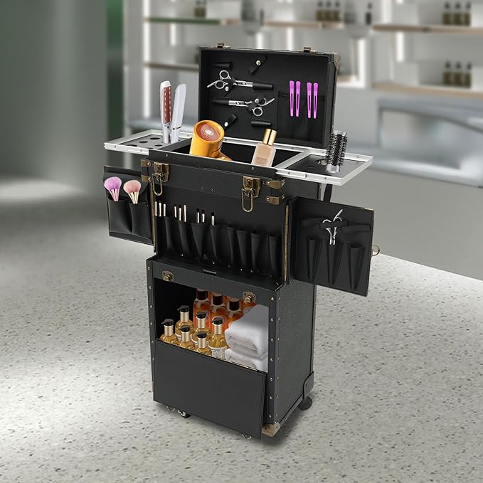 Professional Barber Case,Makeup Train Cart,Hair Cutting Tools Storage Organizer,Cosmetic Trolley Large Storage Organizer,Barber Supplies Case with Wheels and 2 Keys,Black (Black-Type3)