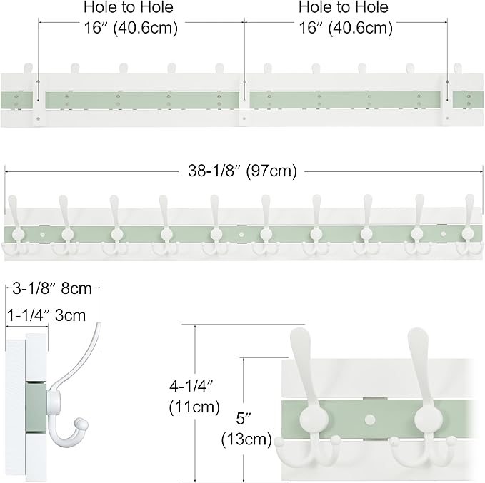 SKOLOO Coastal Wall Mounted Coat Rack - 38-1/8" Beach House Entryway Wooden Coat Hook with 10 Hooks for Hanging Coats, Hats or Towels, Oceanfront Cottage Core Collection, White & Green