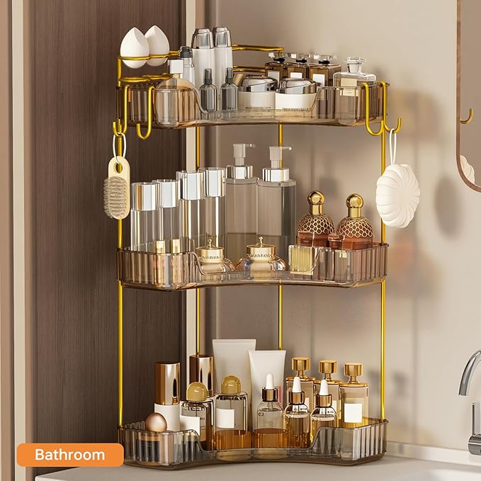 3-Tier Corner Bathroom Counter Organizer，Makeup & Skincare Shelf with Built-in Brush Holder，Space-Saving Bathroom Countertop Organizer for Skincare, Perfume, Cosmetics(Green)