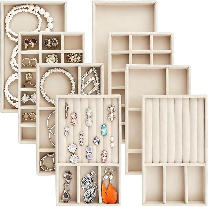 Jewelry Trays,Velvet Stackable Organizer Trays,Drawer Inserts Jewelry Display Case For Rings Stud Necklaces Earring Organizer Tray for Women Girls-8 Pack (Beige)