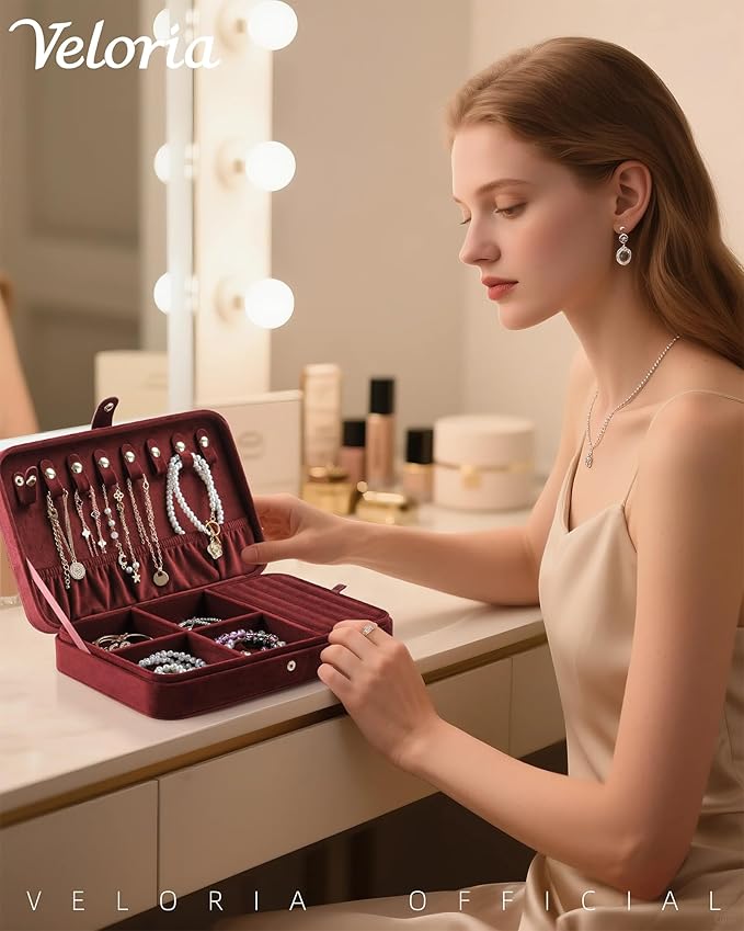 VELORIA Velvet Travel Jewelry Box Organizer, Jewelry Case with 8 Snap Clasps for Necklaces, Ring & Earring Storage, Compact Jewelry Organizer for Bracelets and Bangles, Dark Red