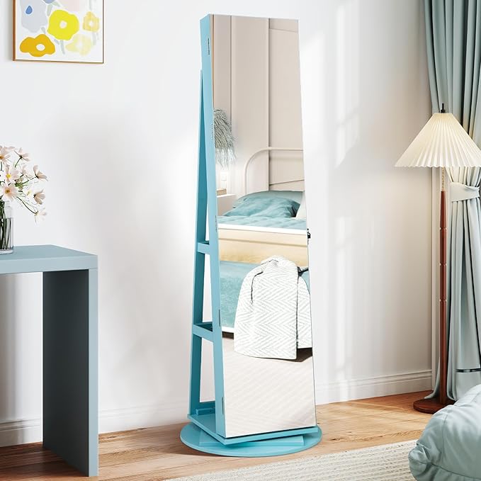 CHARMAID 360° Swivel Jewelry Armoire with Full Length Mirror, Rear Storage Shelves, Lockable Standing Jewelry Cabinet Organizer with Interior Vanity Mirror and 3-Color Lights (Sky Blue)