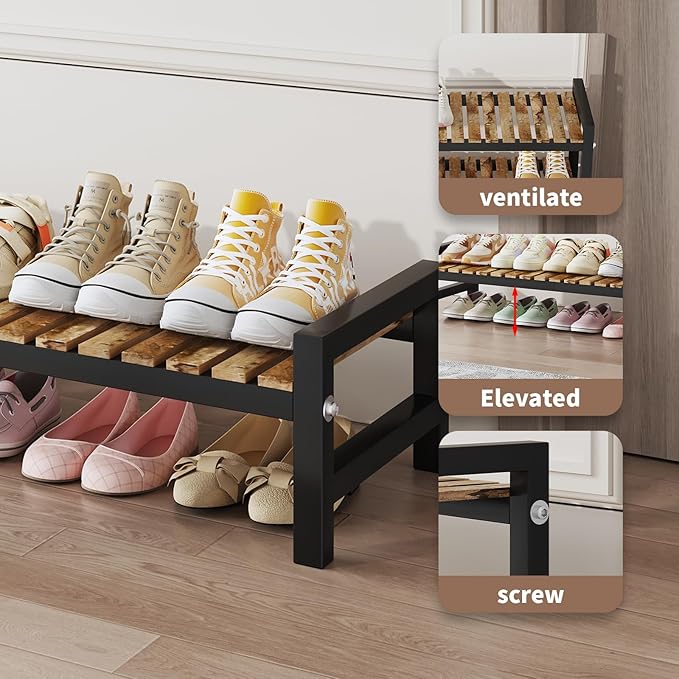 Shoe Rack Organizer for Small Spaces 1 Tier Long Narrow Shoe Stand, Closet Shoe Rack, Small Shoe Shelf for Closet Entryway Corner Garage and Bedroom Front Door - Shoe Storage Combining Wood and Metal