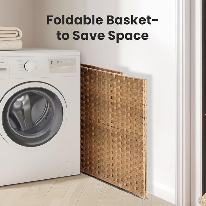 110L Laundry Hamper with Lid, Hand-Woven Pp Rattan Laundry Basket with Compartments & Handles, Removable Liner Bags,Foldable, Narrow Dirty Clothes Basket, Yellow